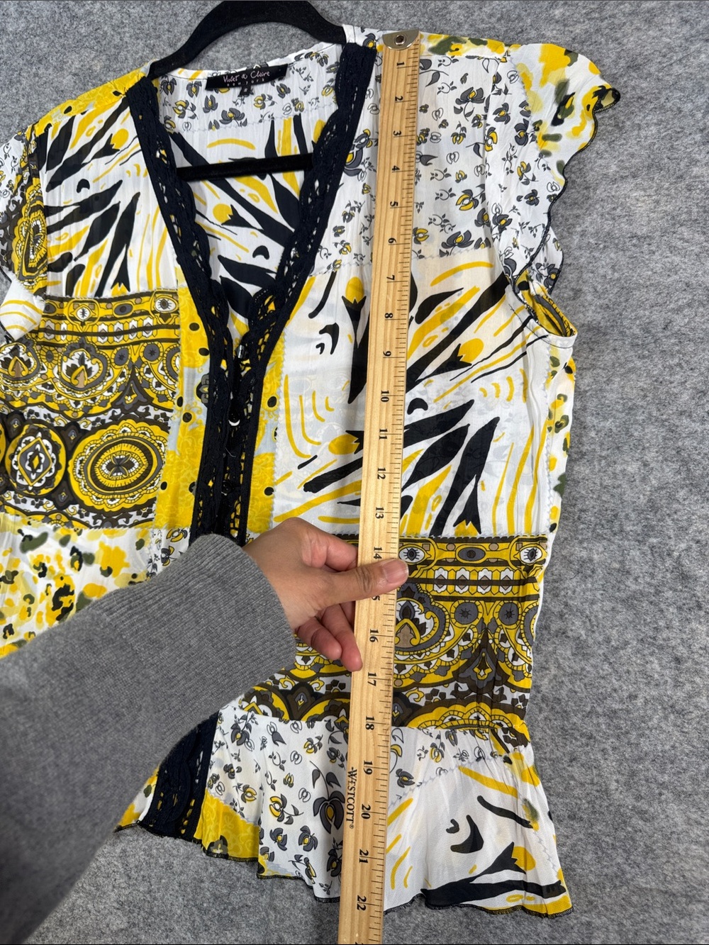 Violet & Claire Patchwork Print Y2K Blouse Yellow Black Small Boho Peplum Top - Picture 7 of 12